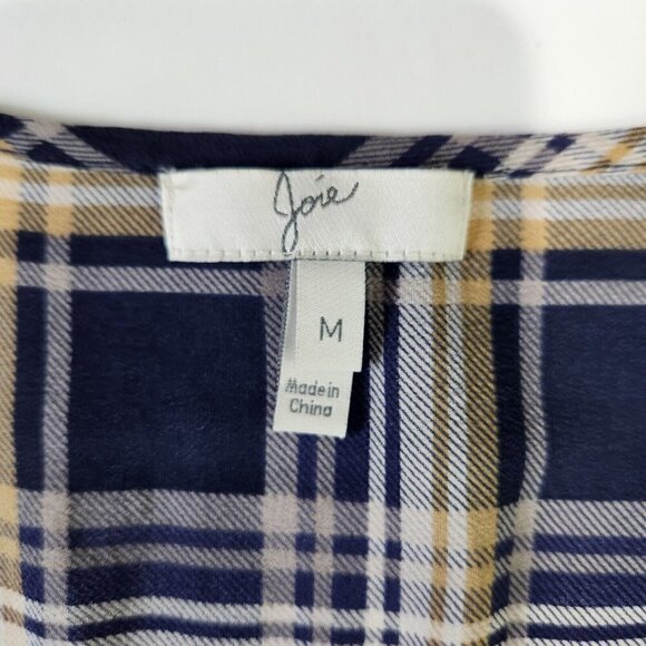 Joie Nepal Plaid Silk Popover Blouse M Long Sleeve Blue Yellow White Lightweight - Picture 5 of 9